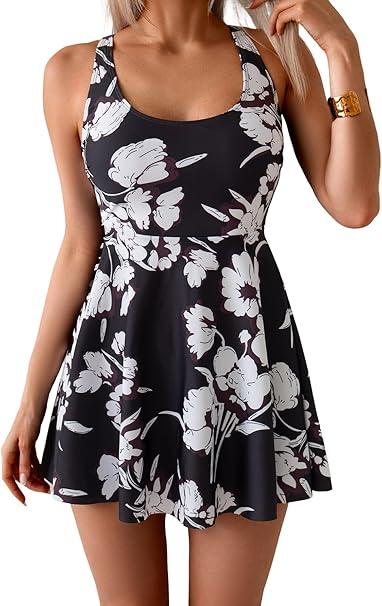 B2prity One Piece Swimdress Swimsuits for Women Tummy Control Swim Dress Cute Modest Skirt Bathing Suit (L, Black White Floral)