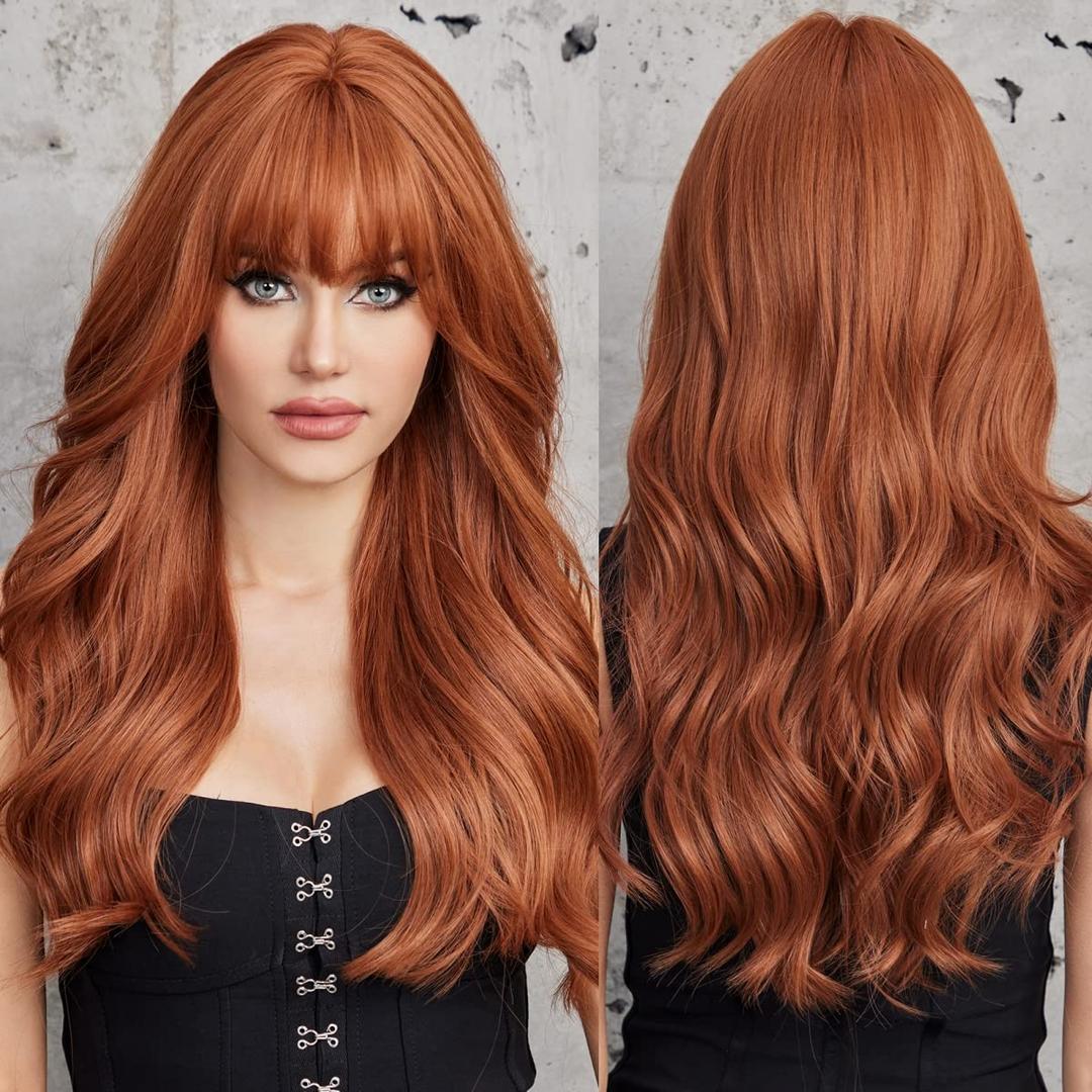 EMMOR Orange Brown Long Wigs for Women, Natural Wavy wig with Bangs Heat Resistant Fiber Synthetic Wigs for Daily PartyStrawberry blonde