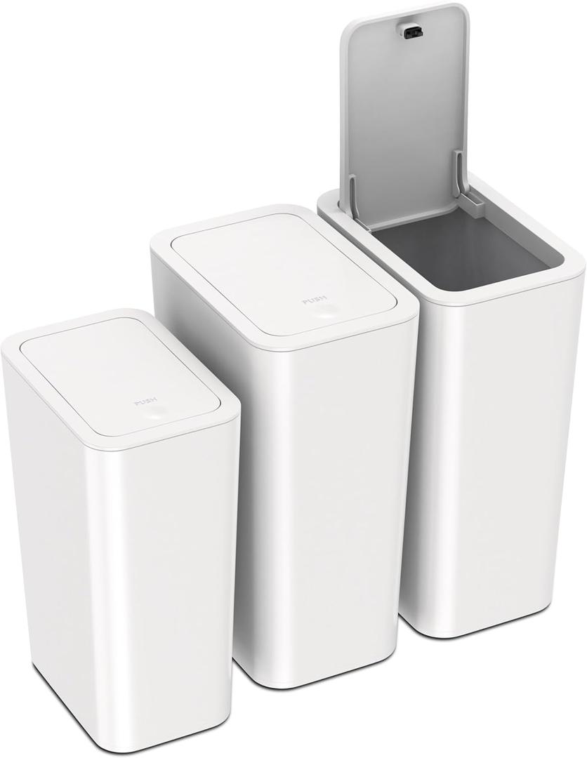 N. NETDOT 3 Pack (2 of 4 Gal & 1 of 2.6 Gal) Small Trash Can with Lid, Bathroom Garbage Can with Pop-Up Lid, Waste Basket for Bathroom, Kitchen, Bedroom, Powder Room, Craft Room, Office, College (Off White)