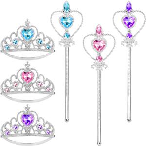 Vicloon Princess Dress Up Accessories, 2PCS Princess Crown and Wands for Little Girls, Jewelry Toy Gifts Set Christmas (Blue & Pink & Purple)