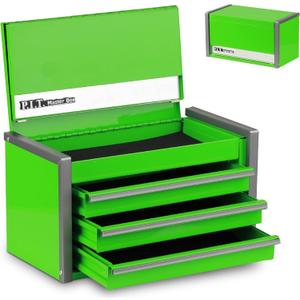 P.I.T. Mini Green Tool Box, Portable 3 Drawer Steel Stackable Tool Box with Magnetic Tab Locking, Green Micro Top Chest with Liner for Tools Storage and Organizers, Home DIY