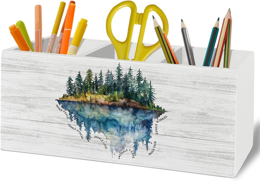 Mental Health Inhale Exhale Pen Pencil Holder Organizer for Desk Accessories, Moody Forest Landscape Wooden Box Sign Desk Decor for Therapy School Counselor Counseling Office Decoration