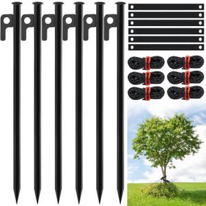 6 PCS Tree Stake Kits, 11.8 Inch Tree Stakes Supports Heavy Duty Steel Leaning Young Tree Metal Staking for Straightening Tree Straps 13.12 Ft Ground Anchor Tree Rope Against Strong Wind Bad Weather