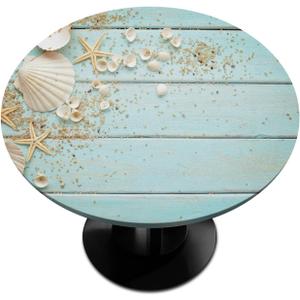 Beach Wood Texture Elastic Edge Round Tablecloth Shell Starfish Fitted Table Cover Waterproof Wipeable Round Table Cloth for Parties Outdoor Dining Table Decor Pads Size 48"(Fit for 40"-44" Table) (A:beach Summer)