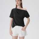 SUUKSESS Off the Shoulder Tops for Women Short Sleeve Asymmetrical Top Trendy Summer Going Out T-Shirts (Black, S)