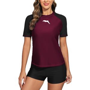 Halcurt Women's Short Sleeve Swim Shirt Rash Guard Swimsuit Top Only UPF50+ Sun Protection Bathing Suit (XX-Large, Burgundy)