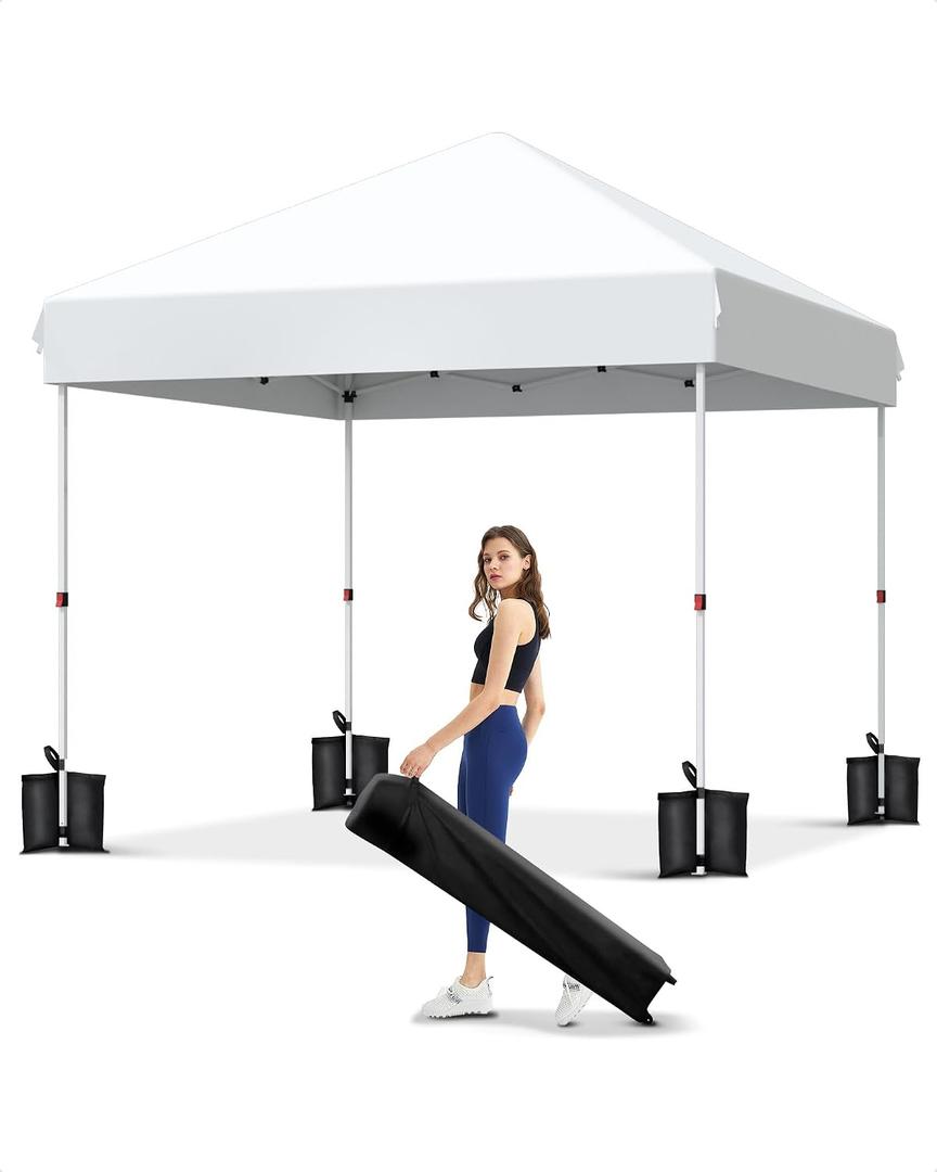 Garvee 10x10 Pop Up Canopy, Beach Ten with One Push Setup, Reinforced Frame, Outdoor Easy Up Canopy Tent with Portable Roller Bag, 3 Adjustable Height, Sandbags, Silver Coated Top, White