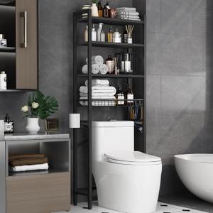 Over-The-Toilet Storage Rack, 4-Tier Bathroom Organizer Shelf Over Toilet with Adjustable Shelf and Basket, Freestanding Space Saver Bathroom Shelves Above Toilet for Room (Pure Black) (Pure Black)