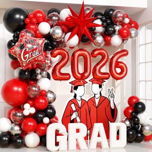 133pcs Red and Black Graduation Balloon Arch Kit with Metallic Silver Confetti Red Black and White Balloons for Graduation Decorations 2026