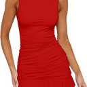 HOCILLE Women's Sexy Bodycon Boat Neck Mini Dresses Sleeveless Ruched Ruffle Hem Club Party Short Dress, Large