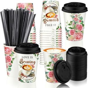Jingmore 50 Pcs Wedding Coffee Cup Love Is Brewing Bridal Shower Decoration Disposable Wedding Paper Drinking Tumbler Bulk with Lid Straw Custom Reception Cup Engagement Mothers Day Party (Floral)
