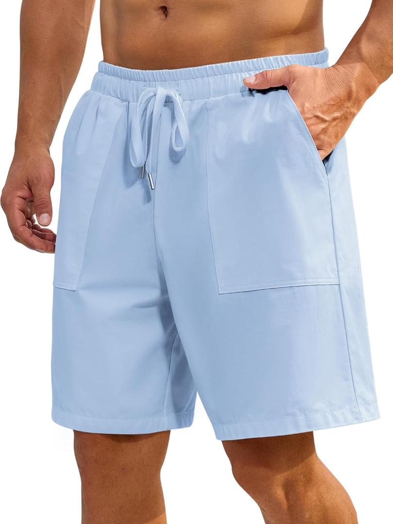 Mens Shorts Casual for Summer Beach Cotton Drawstring Stretch Twill Chino Golf Shorts Elastic Waist with Pockets (Small, 6-light Blue)