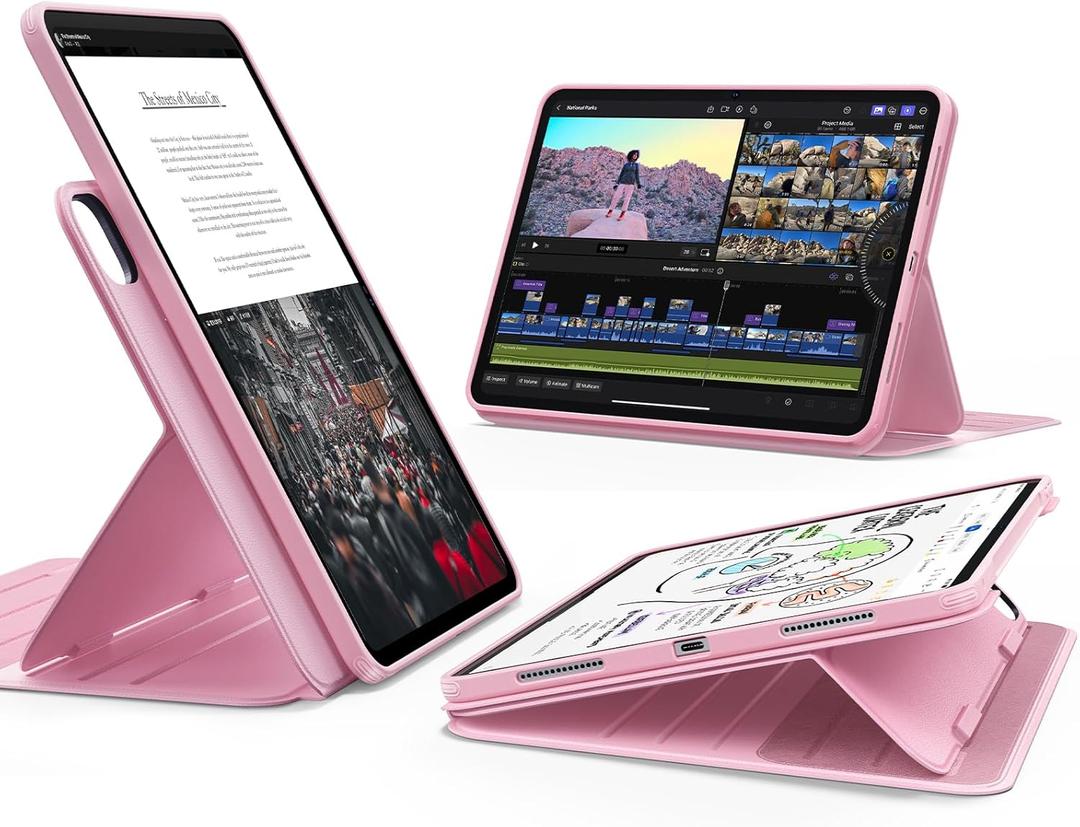 ESR for iPad Pro 11 Inch Case 2024 5th Generation (M4), Rotating Case with Removable Magnetic Cover, Adjustable Portrait/ Landscape Stand with Raised Screen View, 9 Standing Angles, Shift Series, Pink
