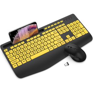 Wireless Keyboard and Mouse Combo - Large Print Ergonomic Keyboard with Wrist Rest, Phone Holder, Sleep Mode, Silent 2.4GHz Keyboard Mouse Set for Computer, Laptop, PC, Mac, Windows - Trueque, Yellow (1 PACK)