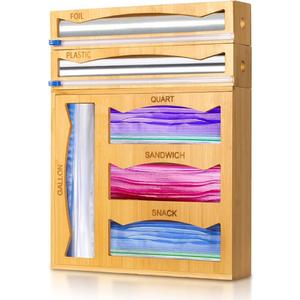6-in-1 Magnetic Bamboo Drawer Organizer for Kitchen or Fridge, Adjustable Compartment Storage with Foil and Plastic Wrap Dispenser and Cutter  Fits Gallon, Quart, Sandwich, Snack Bags