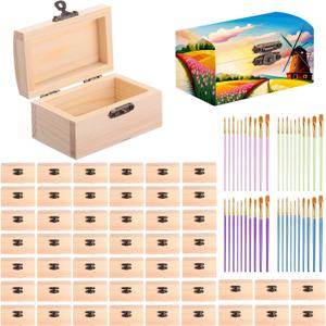 Chumia 48 Pcs Unfinished Wooden Craft Boxes with Paintbrushes Small Wooden Boxes Small Treasure Chest with Lid and Clasp Wood Storage Box for DIY Baby Shower Pirate Decor, 3.5 x 2.2 x 1.8 Inch