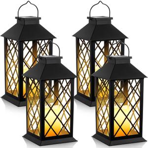 4 Pack Solar Hollow Lanterns Outdoor, Waterproof Patio Hanging Lanterns with LED Flickering Flameless Candle Lights, Decorative Solar Lantern for Porch, Garden, Patio, Yard, Table