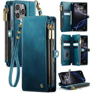 for iPhone 16 Pro (6.3") Case Wallet with RFID Blocking 2-Zipper Pocket & 8-Credit Card Holder Slots & Wrist Strap | Vintage Soft PU Leather Magnetic Snap Flip Protective Phone Cover, Green