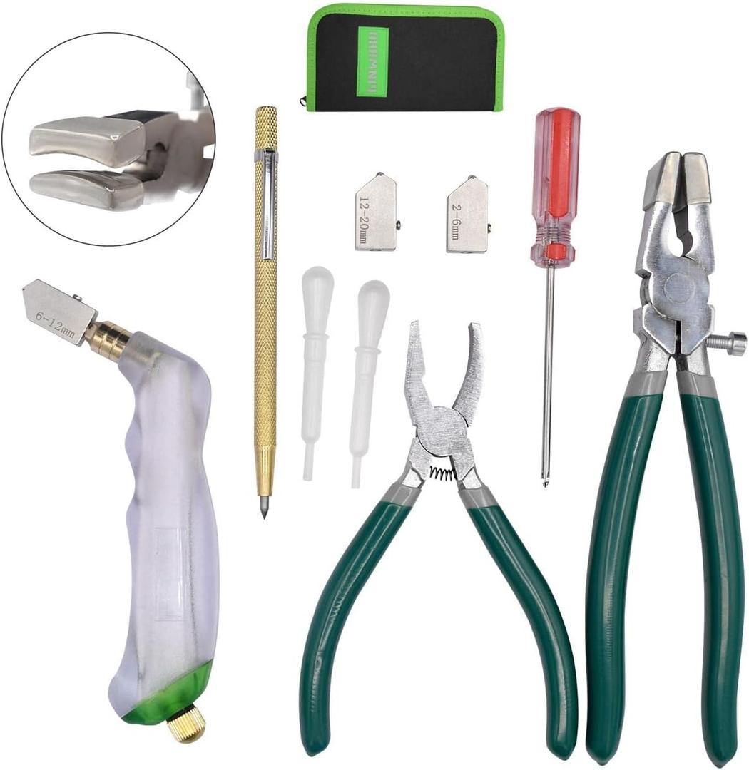 9Pcs Heavy Duty Glass Cutter Tool, Glass Cutting Kit, Glass Running Breaking Pliers, Breaker Grozer Pliers with Curved Jaws,Glass Cutters for Stained Glass, Mosaics, Fusing, Breaking
