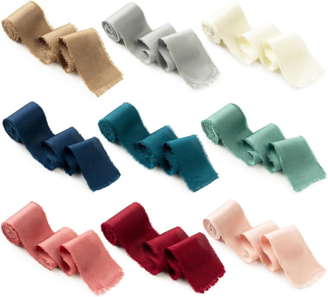 Assorted Silk Satin Ribbon 1-1/2 Inch x 27 Yards Handmade Fringe Silky Chiffon Frayed Fabric Ribbons for Flower Bouquet, Gift Wrapping, Wedding, Crafts, Bridal Shower, Baby Shower, Christmas (Classic Colors)