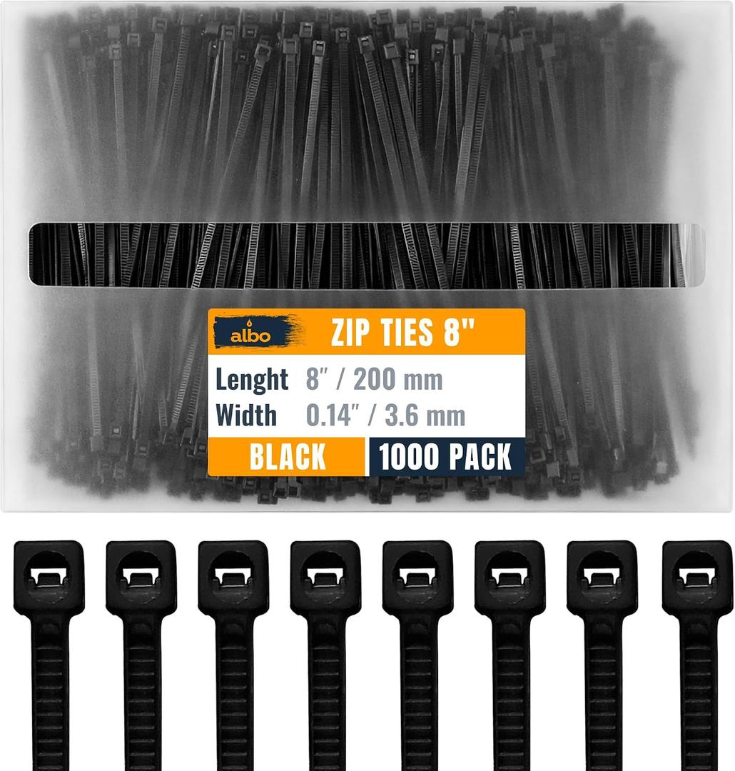 ALBO Zip Ties Black 8 Inch 1000 Pack 40 lb, Long Plastic Cable Ties Thick 0.14 Inch Tie Wraps Heavy Duty UV Resistant Nylon Wire Ties for Indoor and Outdoor