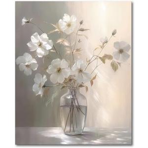 Daktenn Floral Canvas Wall Art - Bathroom Wall Decor, Modern Wall Decorations, 12 x 16 (White Flower Wrapped Canvas)