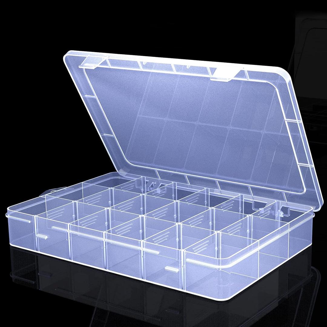 Large18 Grids Clear Organizer Box Snack Box with Removable Dividers for Fishing Hook, Bead Organizer Case, Plastic Storage Containers for Small Parts