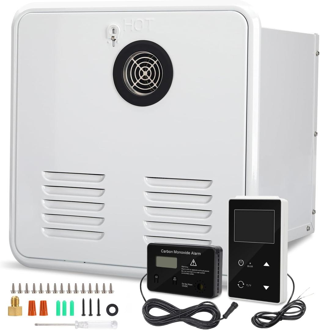Briidea 55,000 BTU RV Tankless Water Heater with CO Alarm, Remote Control, and Pressure Relief Valve - 12V, 15x15" White Door