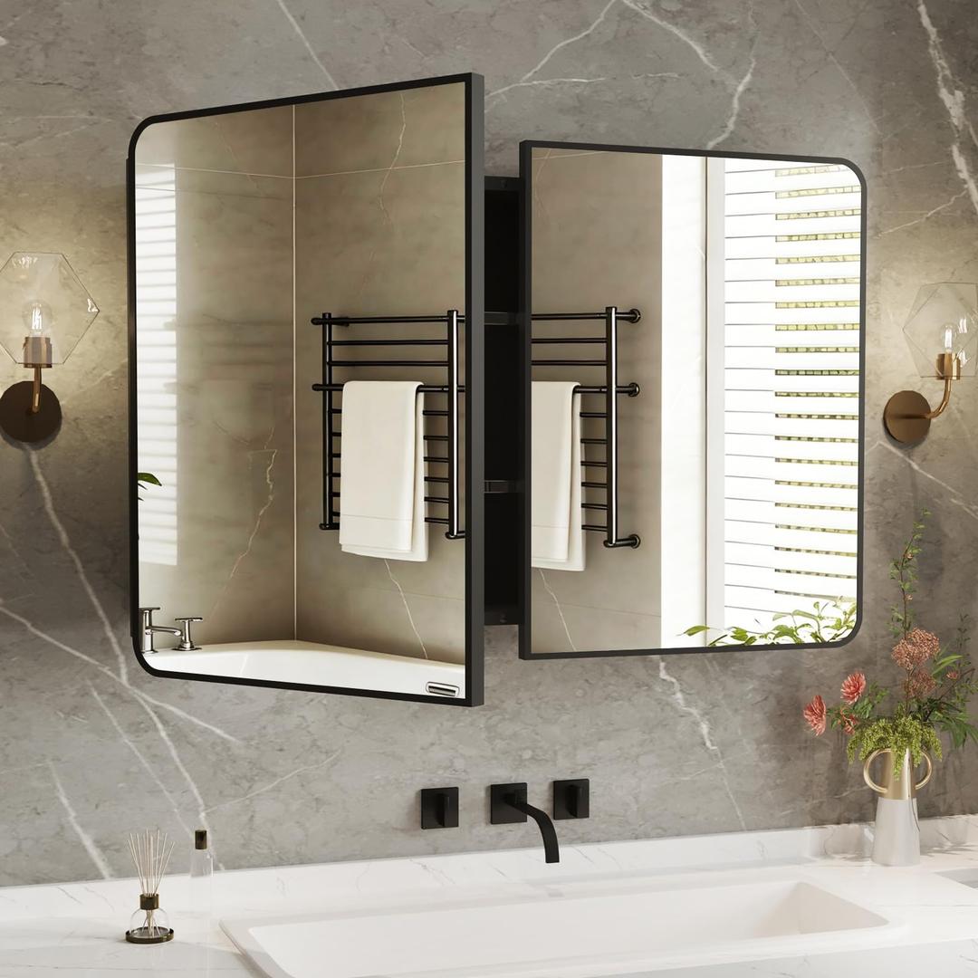 Yunnshee Yursa Medicine Cabinet Mirror 36x24 Inch, Black Bathroom Mirror Cabinet with Stepless Adjustable Shelves, Double Doors Metal Framed, Bathroom Mirror with Storage Recessed or Wall Mount