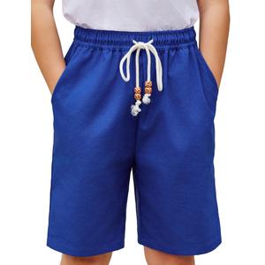 Arshiner Boys Cotton Linen Shorts Summer Beach Shorts Elastic Waist Drawstring Short with Pockets Size 6-18 Navy Blue (Blue)