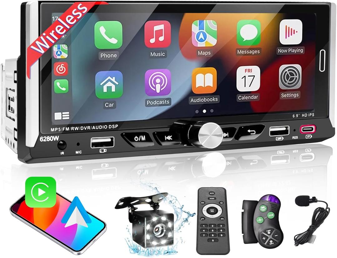 6.9 in Wireless Apple Carplay Single Din Car Stereo,HD IPS 1280×480 Single Din Touchscreen Radio,Bluetooth 5.0,FM RDS Radio,Backup Camera,USB, AUX(Extra MIC), Type-C, Android Auto Car Stereo
