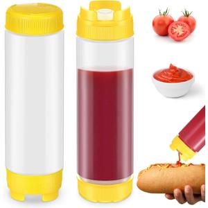 2 Pcs 20 oz Inverted Plastic Squeeze Bottles, Refillable Tip Large Valve Dispenser Condiment Squeeze Bottle for Sauces Ketchup Sour Cream Self Sealing Syrup Dispenser for Restaurants (Yellow)
