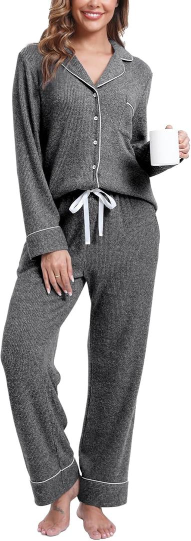 Women's Pajama Sets Long Sleeve Button Down Soft Knit Sleepwear Pjs 2 Piece Lounge Set (Large, Lake Dark Grey)