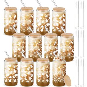 Acellegic 12 Set Holiday Christmas Glass Cups Gift 16Oz Winter Drink Glasses with Lid Straw Santa Iced Coffee Glass Tumbler Gift for Holiday New Year Women Coworker Employee Appreciation (White)