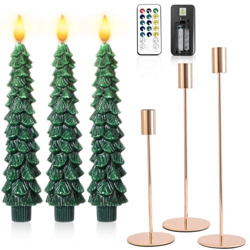 Honoson 3 Sets Flameless Christmas Tree Taper Candles with Holders Remote Control, LED Taper Candles Battery Operated Flickering Candlesticks for Holiday Window Fireplace Decor(Gold)
