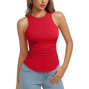 REORIA Womens High Neck Sleeveless Tank Tops Racerback Double Lined Basic Tops Summer Fitted Going Out Tops, Ruby Medium