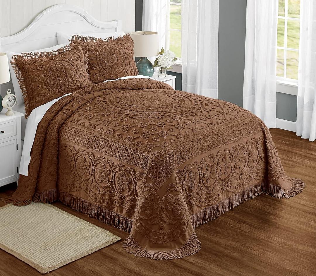 Montgomery Ward Emily Floral Chenille Bedspread, Soft Cotton Comforter Set, Queen Size Quilt - Luxury Hotel Bedding, Queen Bedspread (Chocolate, Queen)