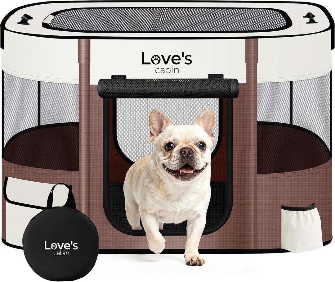 Love's cabin Pet Puppy Dog Playpen, Small Dog Tent Crates Cage Indoor/Outdoor, Portable Exercise Playpen for Cat, Foldable Pop Up Dog Kennel Playpen with Carring Case (S, Brown)