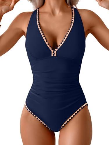 B2prity One Piece Swimsuit for Women Tummy Control Ruched Bathing Suit Push Up Tie Back Swimwear Shell Stitched L