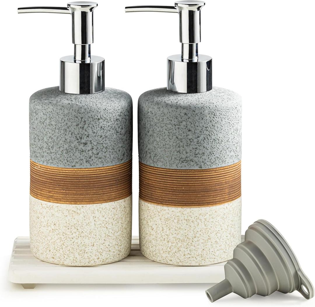 Cormomu Ceramic Soap Dispenser Set(2 Pack)  Hand Soap, Dish Soap, Shampoo & Shower Soap Dispenser for Bathroom & Kitchen, Stainless Steel Pump, Includes Silicone Funnel & Diatomaceous Tray, Gray