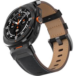 Compatible with Samsung Galaxy Watch Ultra Bands 47mm (2024) Men Women, No Gap Wide Rugged Strap with One Click Stainless Steel Connectors for Samsung Galaxy Watch Ultra (Leather-Black/Black)