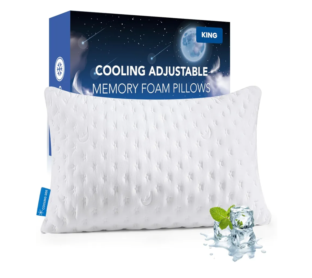 Cooling Side Sleeper Pillow for Adults, Firm Bed Pillow for Side Sleepers Neck and Shoulder Pain, Luxury Shredded Memory Foam Pillow Set of 1- Adjustable King Size- Washable Cover Original White