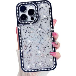 2 x for iPhone 13 Pro Case, Sparkly Crystal Diamonds Rhinestone Border with Shiny Glitter Sequins Phone Cover for Women Girls, Transparent TPU Bling Slim Protective Case for iPhone 13 Pro