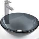 Bathroom Vessel Sink, Tempered Glass Vanity Round Bowl with Chrome Faucet and Pop up drain Set, Bluish Grey, 16.5 x 5.5 inches