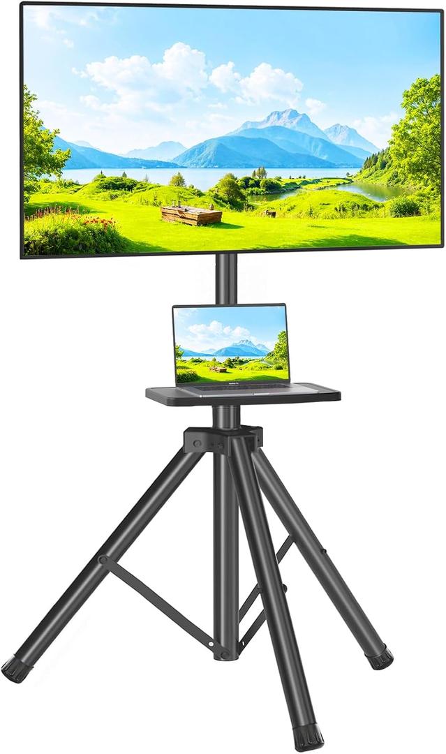TVON TV Tripod Stand with Shelf for 23-80 inch LED LCD Flat Screen/Curved TVs, Portable TV Stand with 15 Tilt and Height Adjustment Holds up to 100lbs, Outdoor TV Mount Max VESA 600x400m