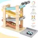 Joyreal Montessori Toddler Toys for 1 2 Year Old - 4 Level All-Wooden Car Ramp Racer Toys with 4 Mini Cars & Garages - Christmas Birthday Gifts for 1-3 Year Old Boys and Girls
