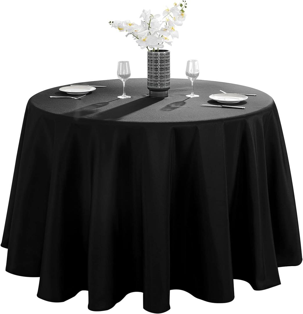 VidaFete 1 Pack 90inch Round Tablecloth Polyester Table Cloth, Stain Resistant and Wrinkle Polyester Dining Table Cover for Kitchen Dinning Party Wedding Rectangular Tabletop Buffet Decoration(Black)
