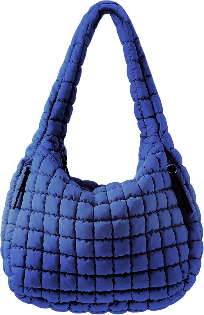 Puffer Quilted Tote Bag for Women Nylon Crossbody Bags Puffy Purse Hobo Large Shoulder Bag Trendy (Navy Blue)