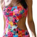 SPORLIKE Women One Piece Swimsuit Hole Out Bathing Suit Color Block Padded Swimwear(Castle/Geometry,X-Large)