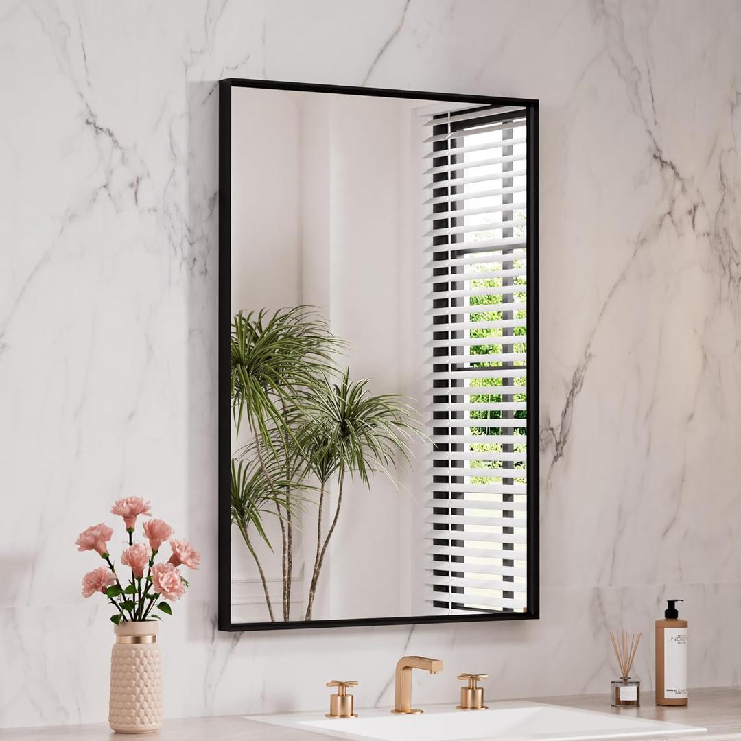 LOAAO Black Bathroom Mirror 24"X32" for Wall, Rectangle Bathroom Vanity Mirror, Hangs Vertically or Horizontally, Easy to Install, Modern Design